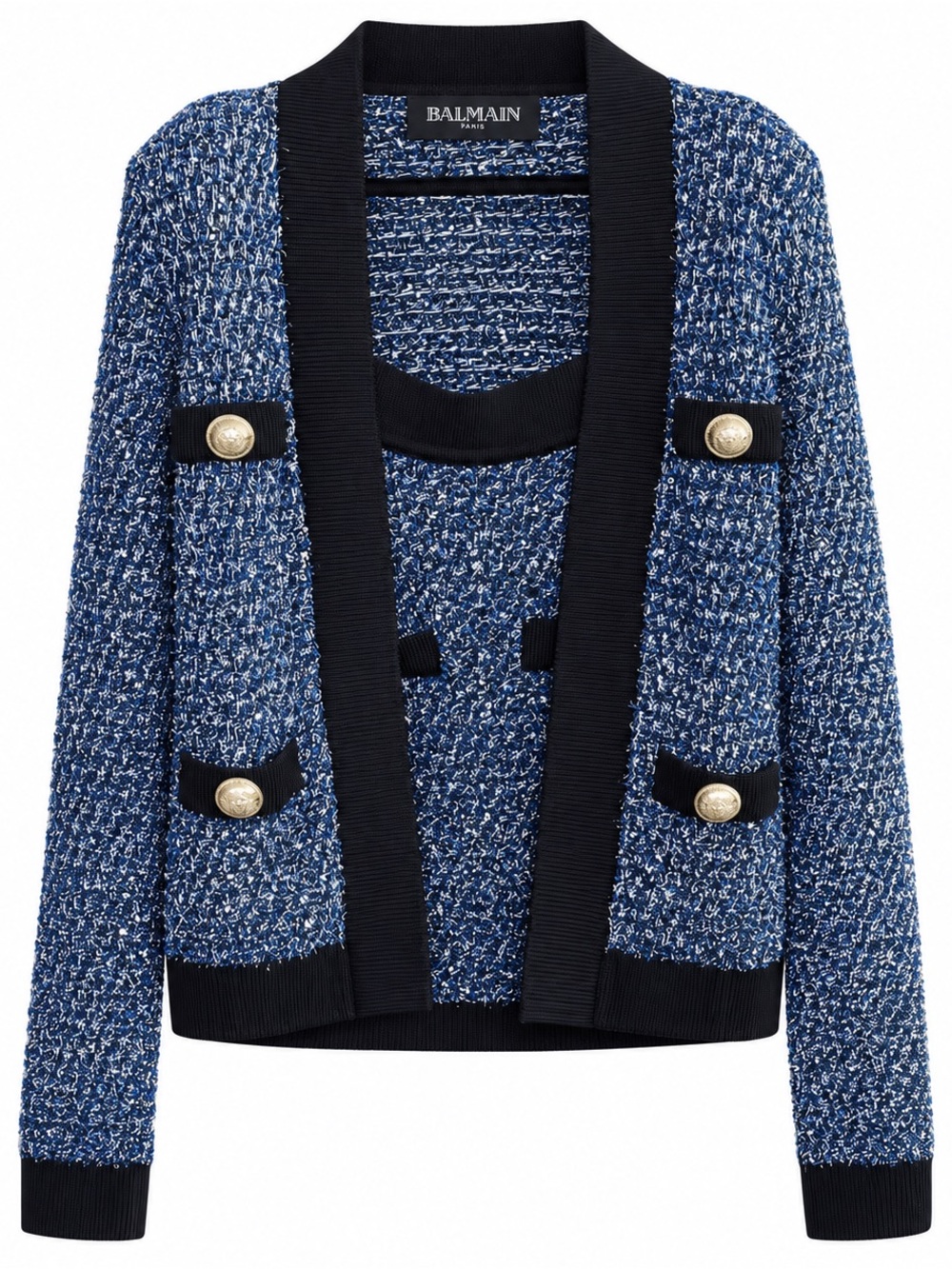 Balmain Blue Bouclé Knit Blazer with Black Trim and Gold Buttons
